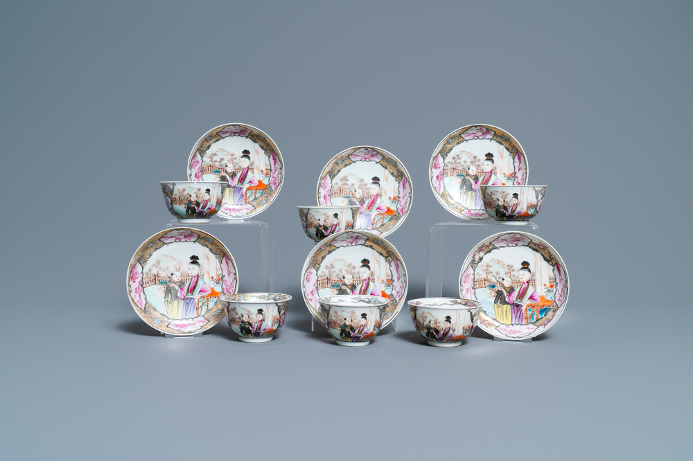 Six fine Chinese famille rose 'Mandarin' cups and saucers, Qianlong