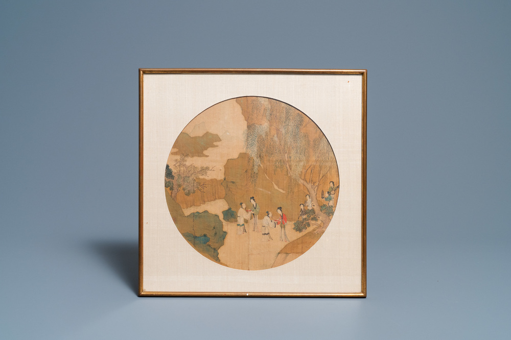 Chinese school, ink and color on silk: 'Figures in a mountainous landscape', Qing