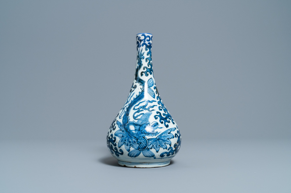 A Chinese blue and white 'sea dragons' bottle vase, Wanli