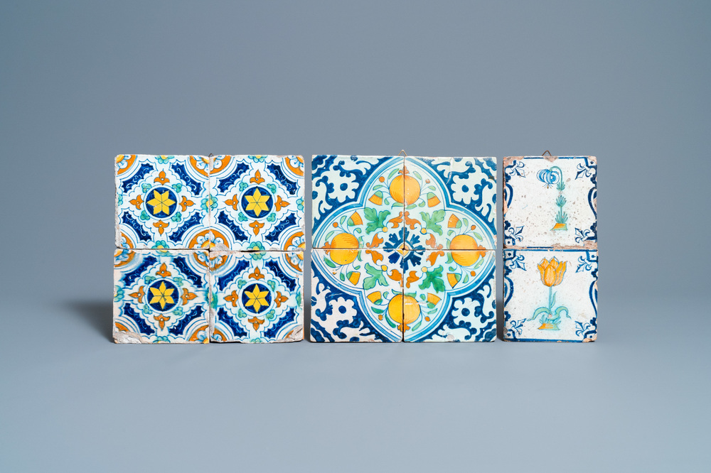 Dix carreaux en fa&iuml;ence de Delft polychrome &agrave; d&eacute;cor de fleurs et d'orn&eacute;ments, 17&egrave;me