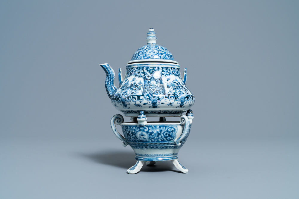 An extremely rare Arita blue and white Delft-style kettle on heating stand, Japan, Edo, ca. 1750