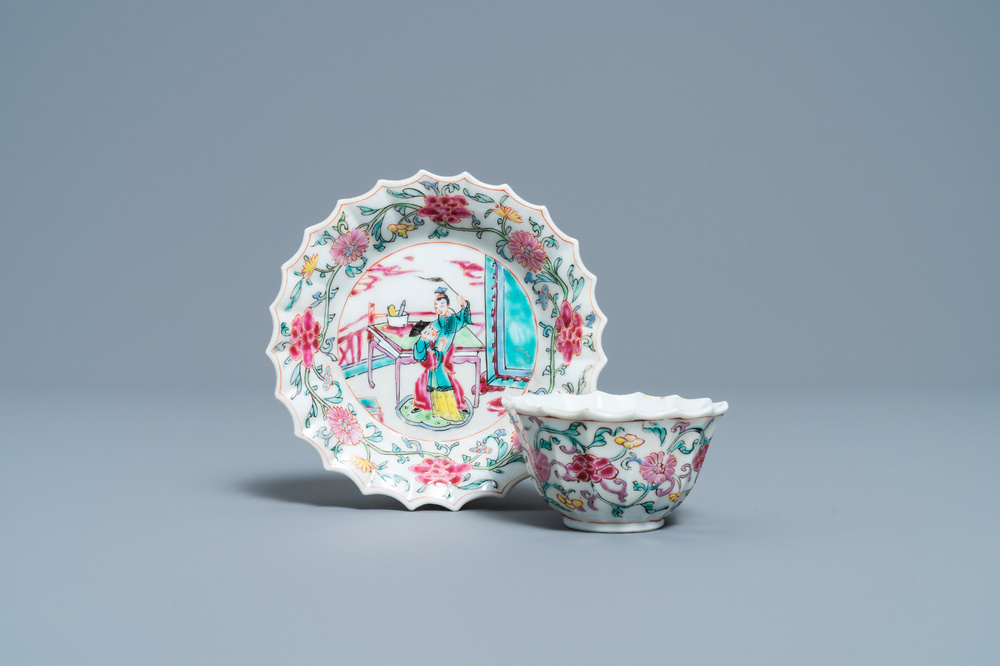 A lobed Chinese famille rose cup and saucer, Yongzheng