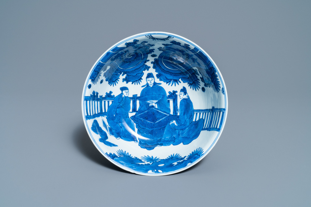 A Chinese blue and white 'go-players' bowl, Chenghua mark, Kangxi