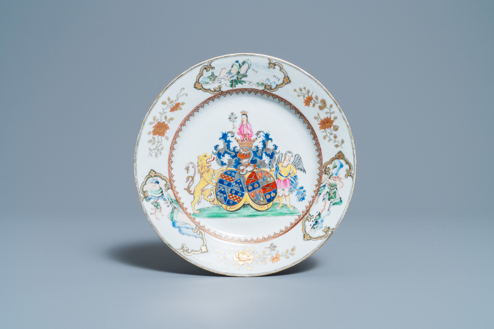 A Chinese famille rose Belgian market armorial plate, Yongzheng/Qianlong