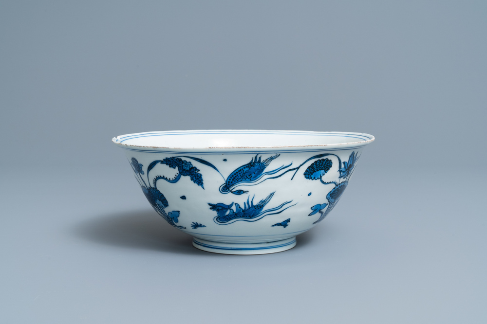 A Chinese blue and white 'mandarin ducks' bowl, Chenghua mark, Wanli