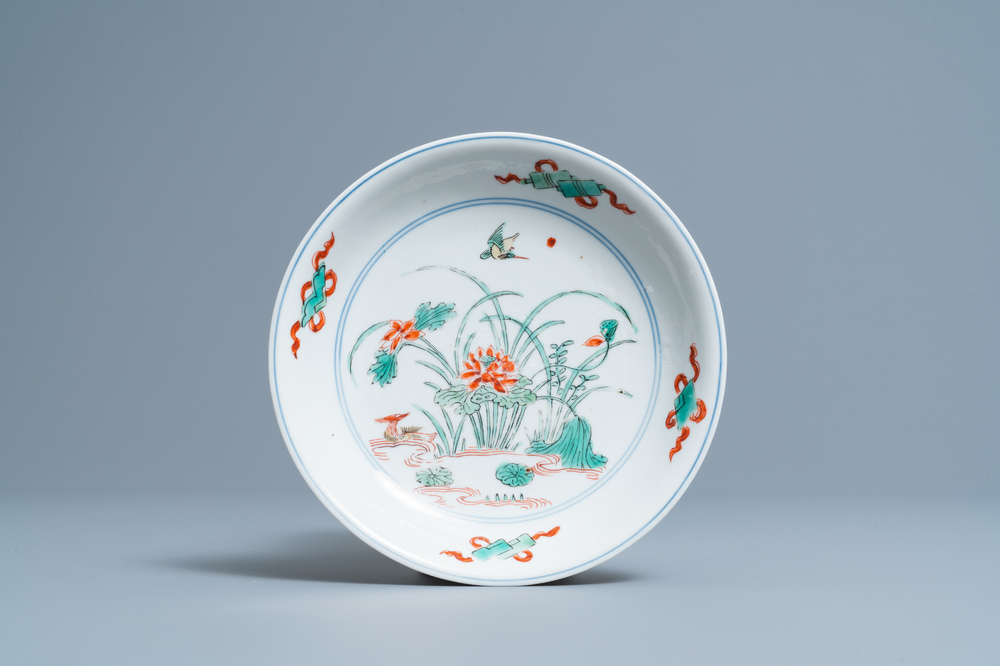 A Chinese famille verte 'lotus pond' dish, Chenghua mark, Kangxi