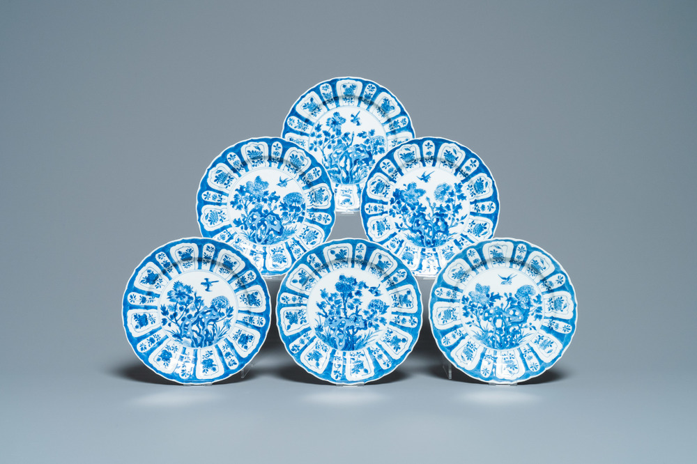 Six Chinese blue and white plates with floral design, Chenghua mark, Kangxi