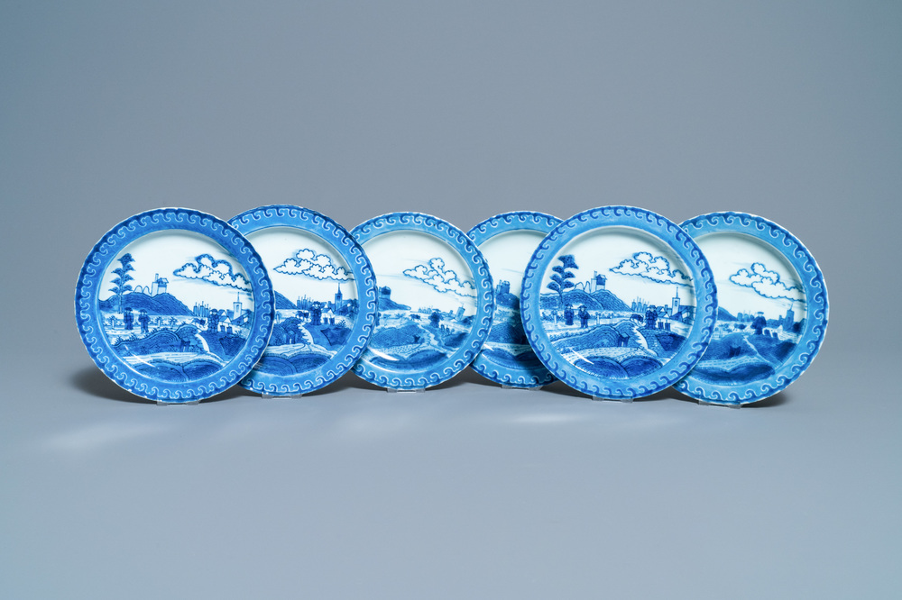 Six Chinese blue and white 'Scheveningen' plates, Kangxi