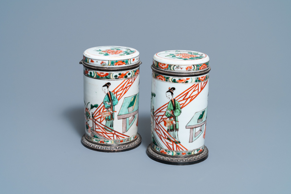 A pair of Chinese silver-mounted cylindrical famille verte covered jars, Kangxi