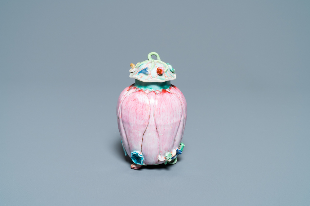 A Chinese famille rose 'lotus' tea caddy and cover, Yongzheng