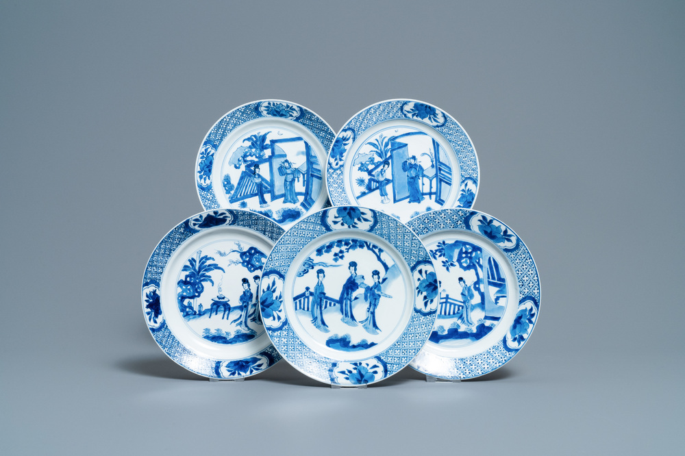 Five Chinese blue and white figurative plates, Kangxi and Chenghua marks, Kangxi
