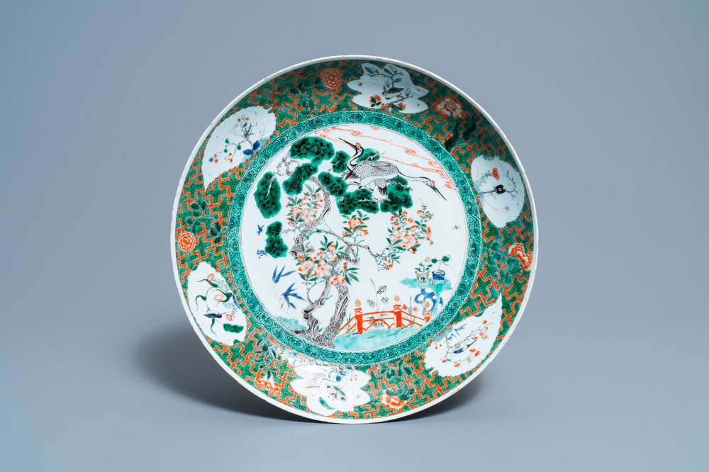 A Chinese famille verte 'cranes' dish, Kangxi