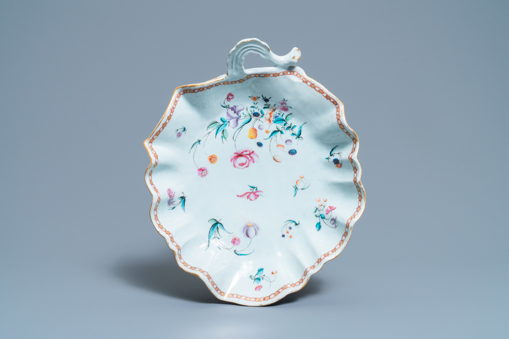 A large Chinese leaf-shaped famille rose tray, Qianlong