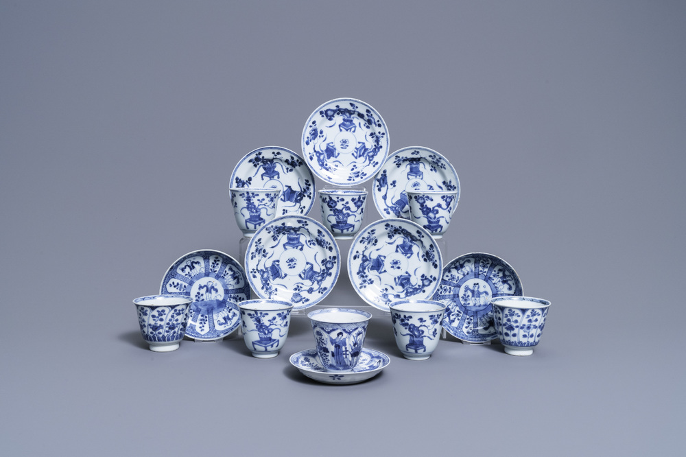 Eight Chinese blue and white cups and saucers, Kangxi