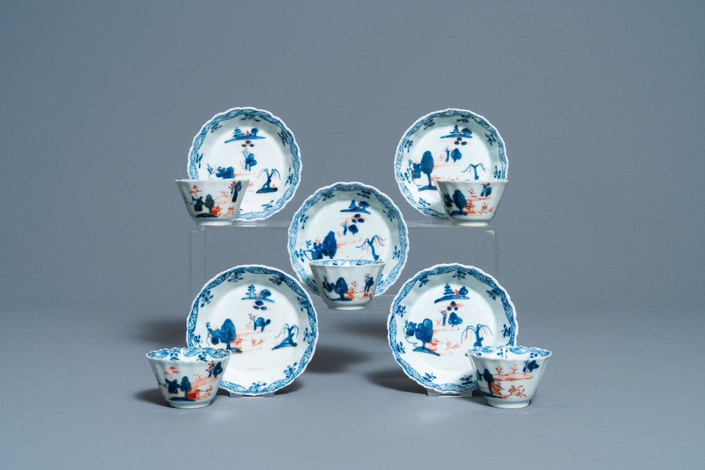 Five Chinese Imari-style cups and saucers, Kangxi