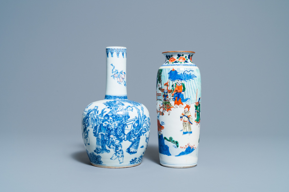 A Chinese wucai rouleau vase and a blue, white and copper-red vase, 19/20th C.
