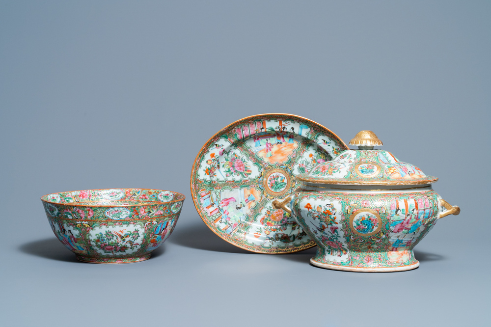 A Chinese Canton famille rose bowl and a tureen on stand, 19th C