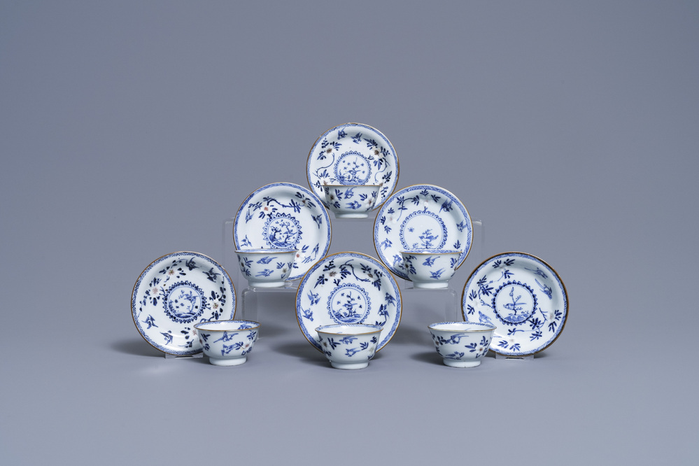 Six Chinese blue, white and copper-red cups and saucers, Kangxi