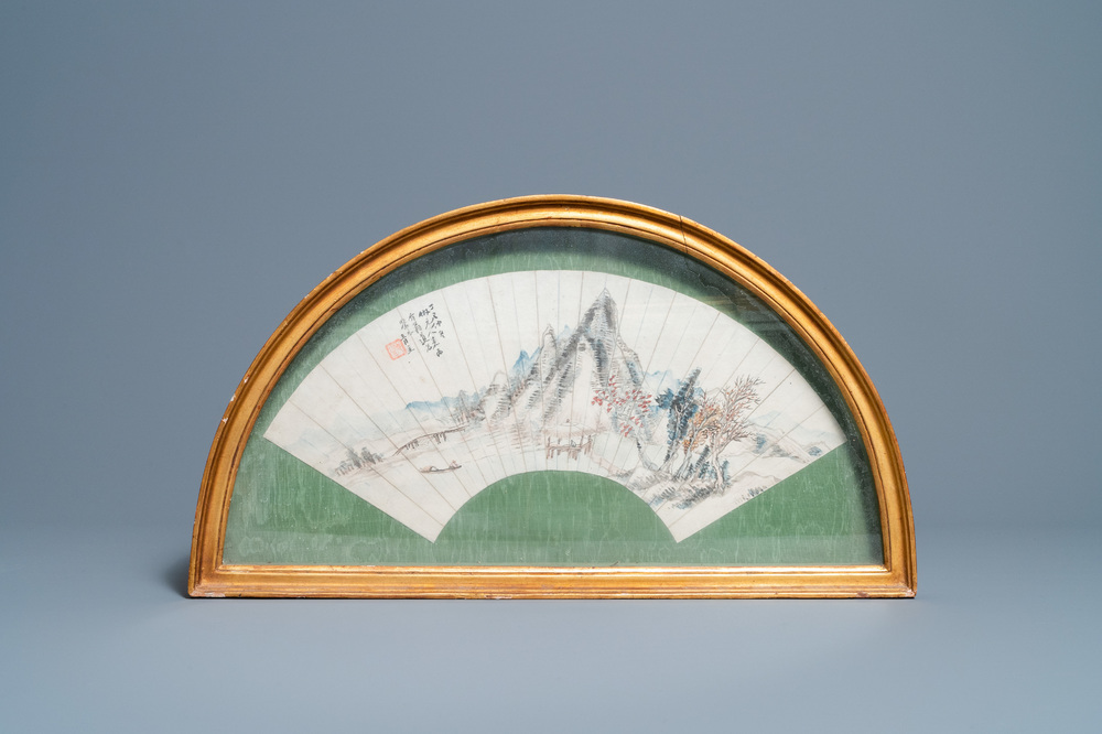 Chinese school, ink and color on paper fan leaf: 'Mountainous landscape', 19/20th C.
