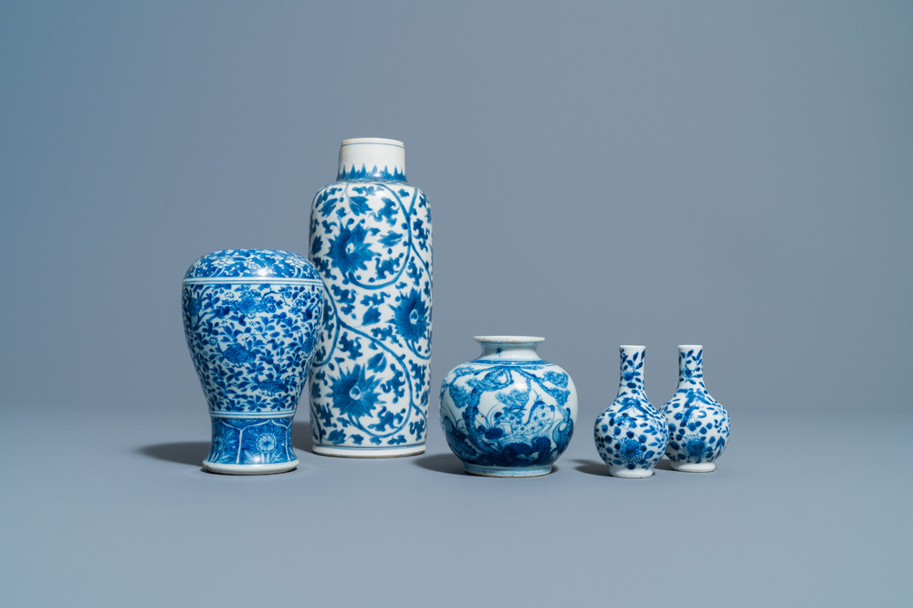 Five Chinese blue and white vases, Kangxi and later
