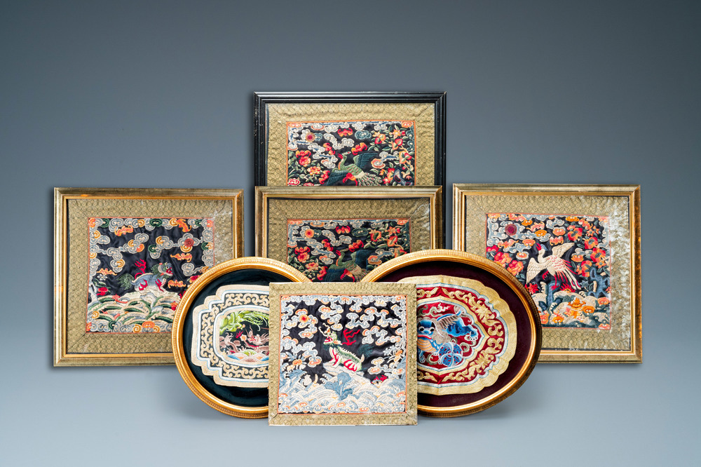 Seven Chinese embroidered silk rank badges, 19/20th C.