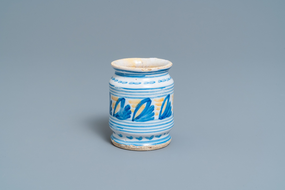 A polychrome maiolica albarello-type ointment jar, Northern Netherlands, ca. 1600