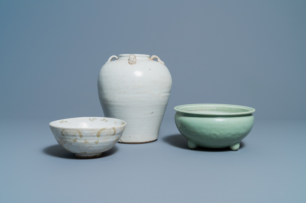 A Chinese Swatow jar, a bowl and a celadon-glazed censer, Ming and later