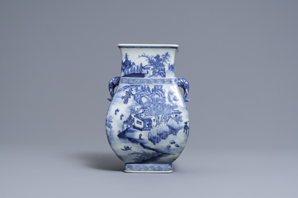 A Chinese blue and white vase with elephant handles, Qianlong