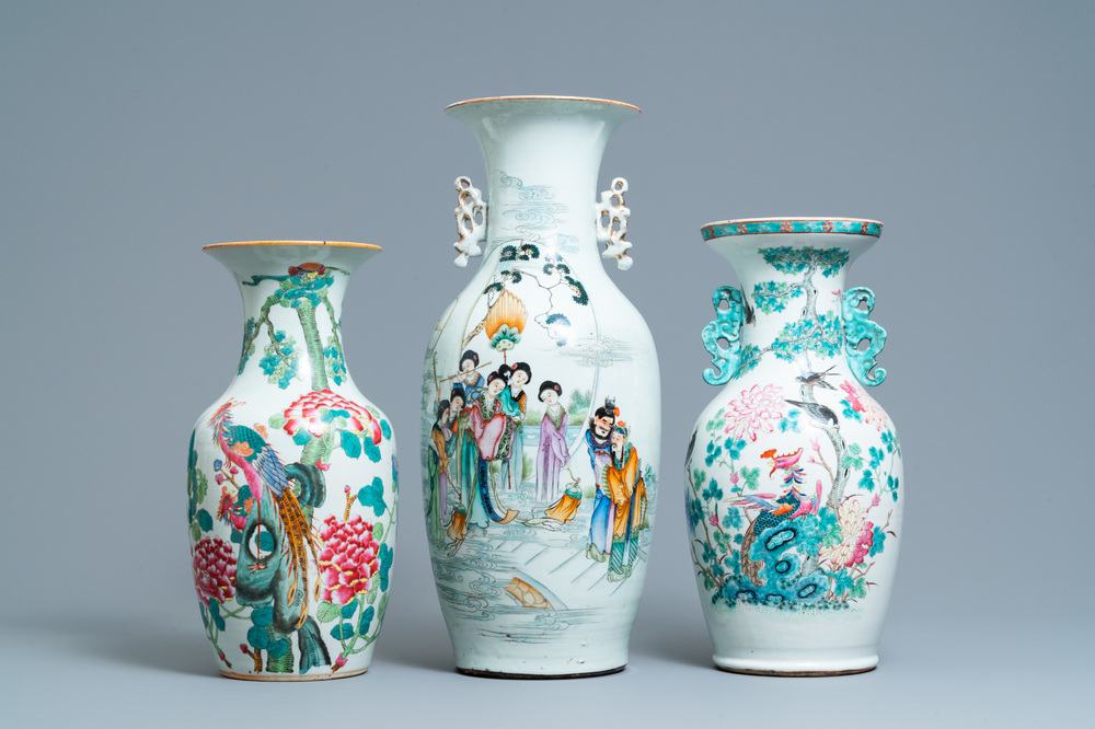 Three Chinese famille rose vases, 19th C.