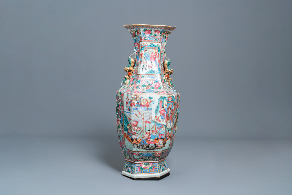A large Chinese hexagonal famille rose vase, 19th C.