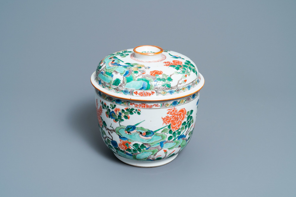 A large Chinese famille verte covered bowl, Kangxi