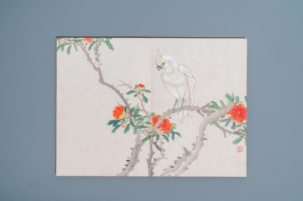 Ecole chinoise, encre et couleurs sur soie: un album figurant onze oiseaux et un &eacute;cureuil, 19/20&egrave;me