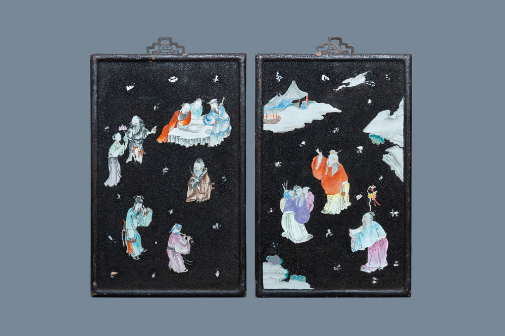A pair of Chinese famille rose black gravel-ground plaques, Jiaqing