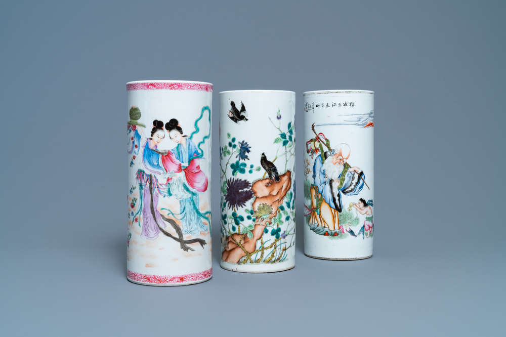 Three Chinese famille rose hat stands, 19/20th C.