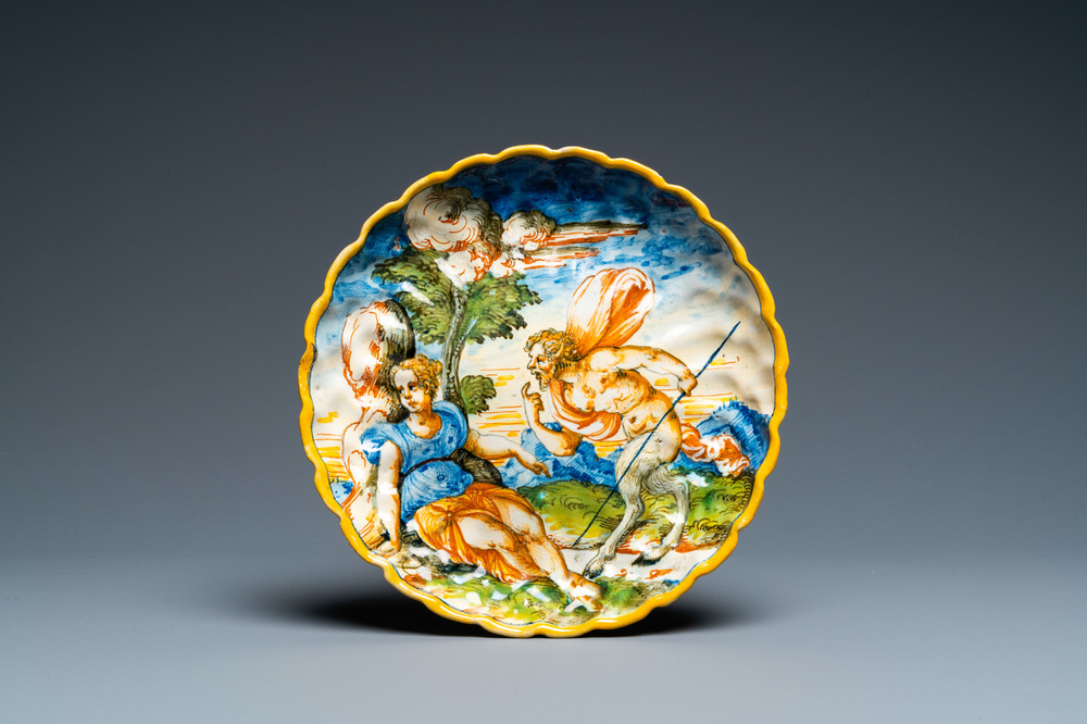 A polychrome Italian maiolica 'Venus and Satyre' crespina, Urbino, 16th C.