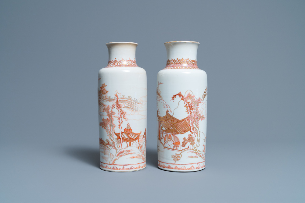 Two Chinese iron-red and gilt rouleau vases, Kangxi