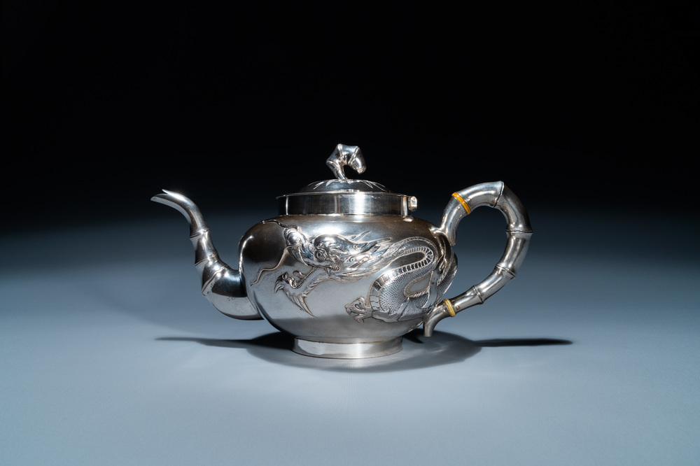 A Chinese silver 'dragon' teapot, Sing Fat, Canton or Hongkong, Republic
