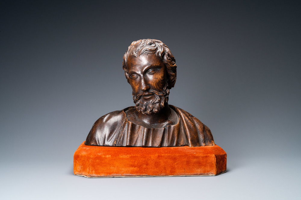 A wooden bust of a bearded man, Italy, 17th C.