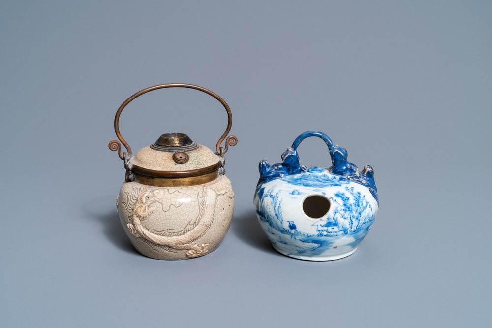 A Vietnamese 'Bat Trang' stoneware waterpipe and a Chinese 'Bleu de Hue' lime pot, 19th C.