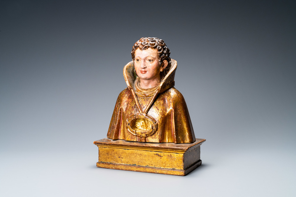 A polychromed and gilded wooden reliquary bust, Italy, 17th C.