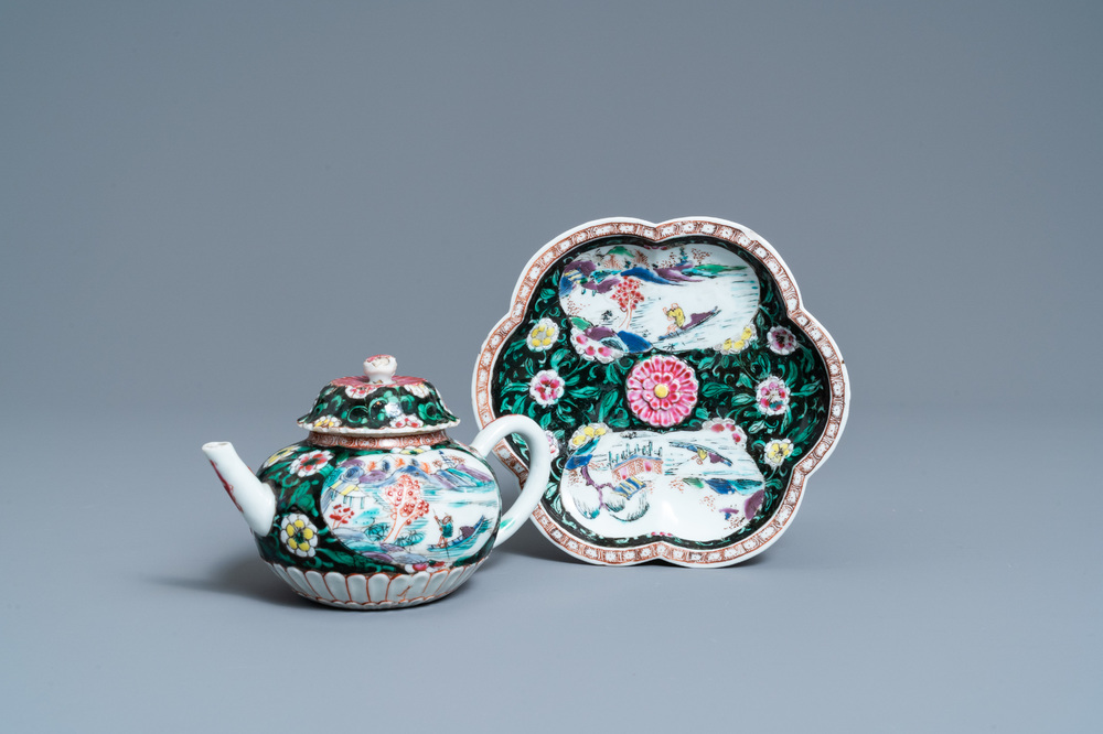 A Chinese famille rose teapot on stand, Yongzheng