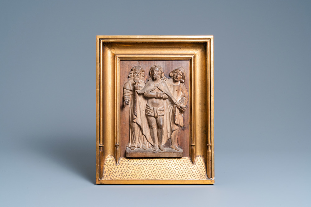 A walnut 'Ecce Homo' panel in a Gothic revival architectural frame, 16th C.