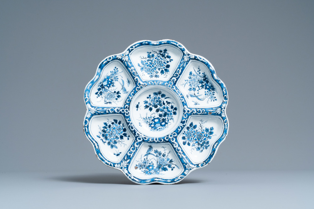 A lobed Dutch Delft blue and white spice dish with birds, late 17th C.