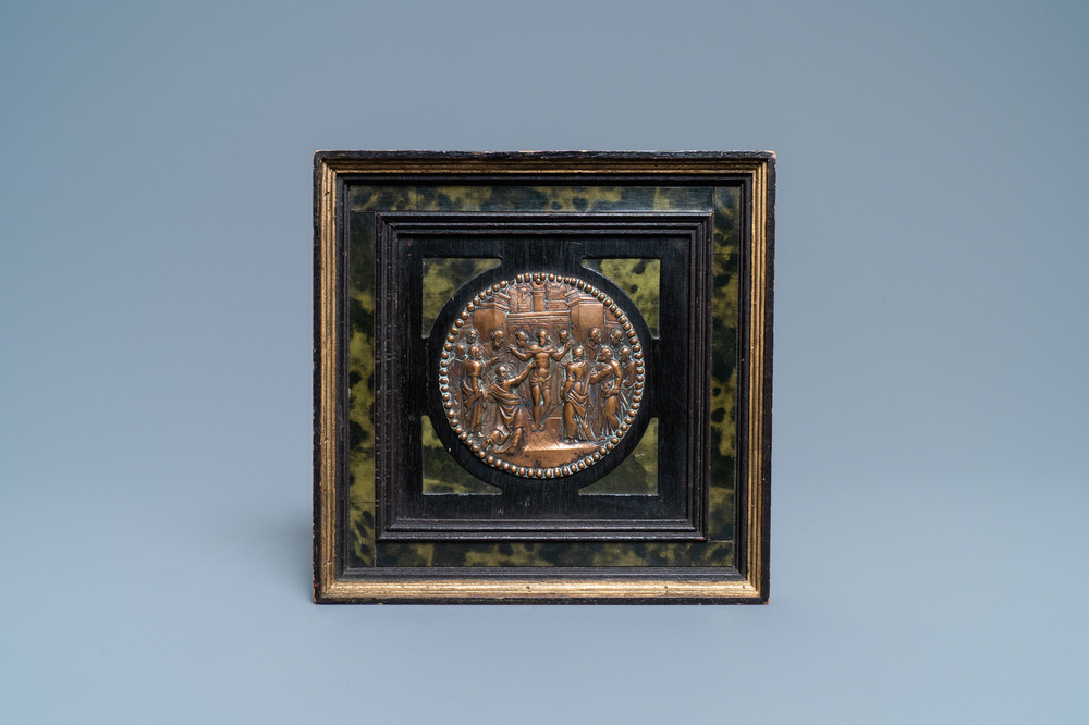 A round copper 'Christ in the temple' plaque, Italy, 16th C.