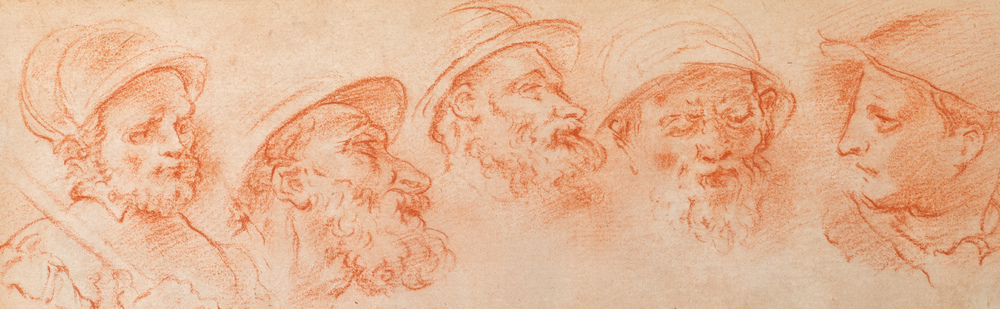 Ecole italienne, d'apr&egrave;s Charles Parrocel, sanguine sur papier, 18/19&egrave;me: Cinq t&ecirc;tes de soldats casqu&eacute;s