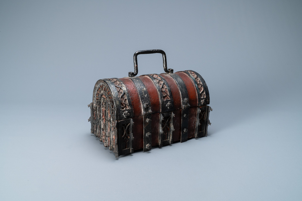 A partly red painted cast iron casket, France, 15th C.