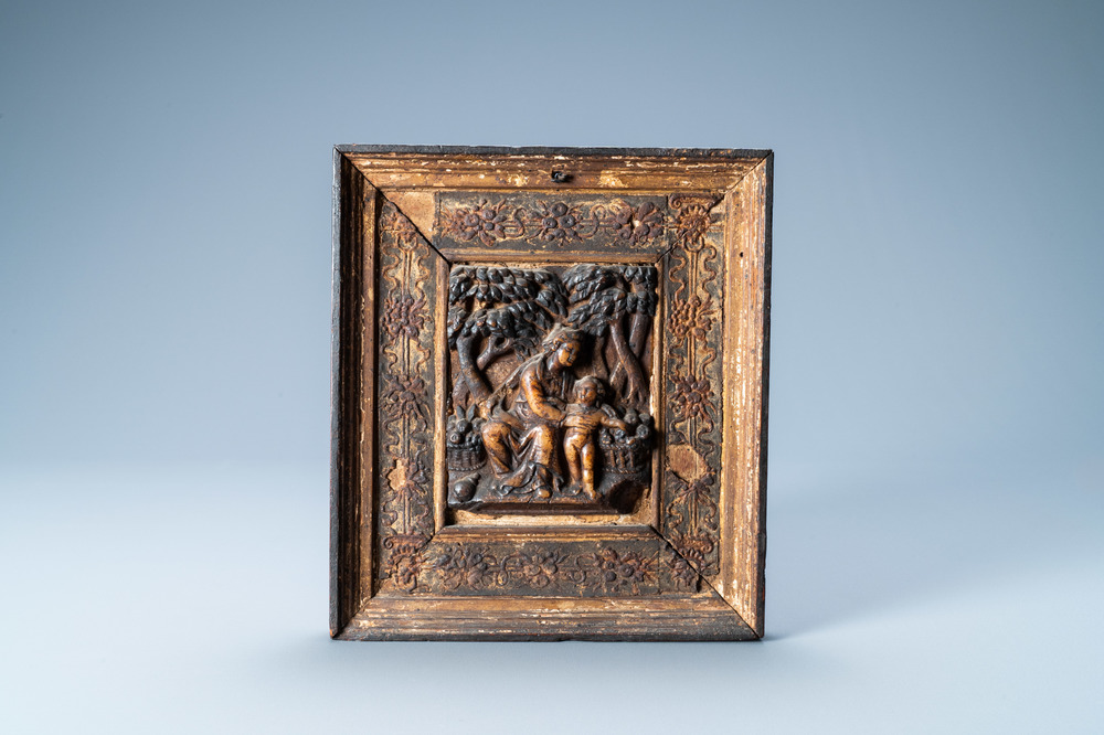 An alabaster carving depicting the Virgin with Child in a garden, Malines, monogram GNN, poss. Gielis Neins, 1st quarter 17th C.