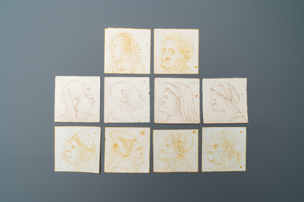 Ecole italienne, d'apr&egrave;s Leonardo da Vinci, plume et encre brune sur papier, fin du 19&egrave;me: Dix caricatures