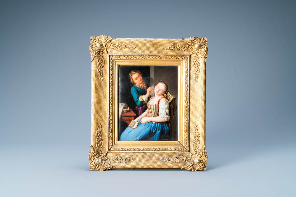 A porcelain plaque depicting a romantic couple, K.P.M. Berlin, Germany, 19th C.