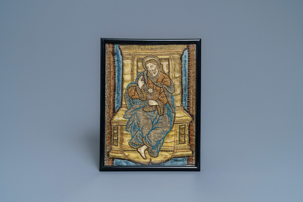 An embroidered textile fragment depicting Christ on the throne holding a chalice, Italy, 16th C.